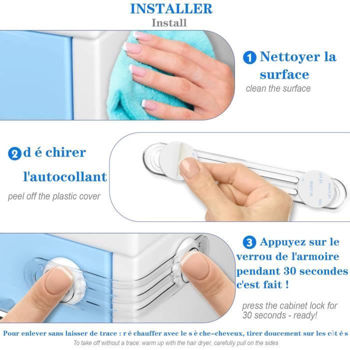12 Sécurités Enfants Adhésives - Pour Tiroirs, Portes, Frigo, WC - Installation Facile Sans Perçage - Blanc - 7