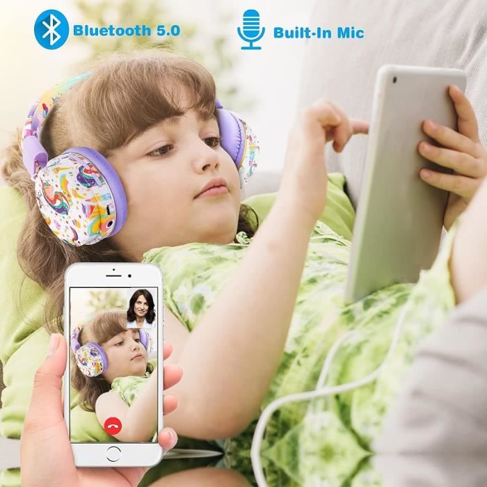 JYPS Casque sans fil pour enfants avec microphone, casque 3D chat