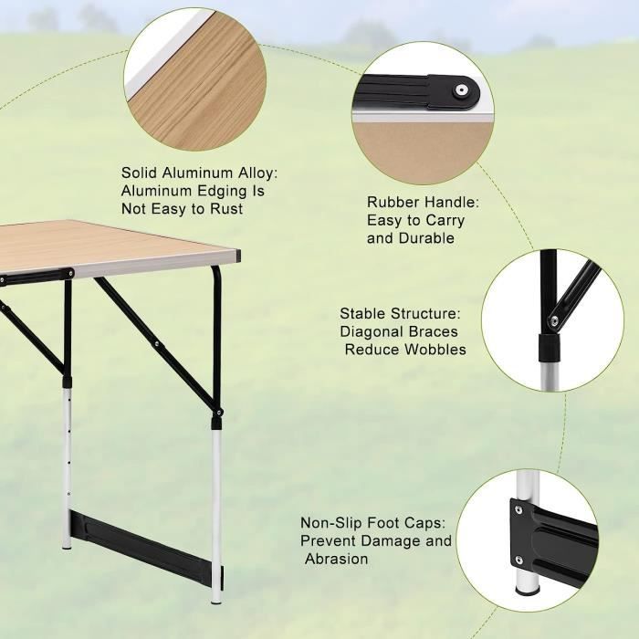 Table Pliante Camping Aluminium - Hauteur Réglable 25-56 Cm, Légère Et Robuste, Idéale Pique-nique, Bateau, Pêche