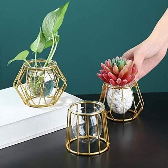 3 vases à fleurs diamant LESES Vase en verre diamant avec support à bascule en bois et tige rotative en métal stations de multiplication pour plantes hydroponiques