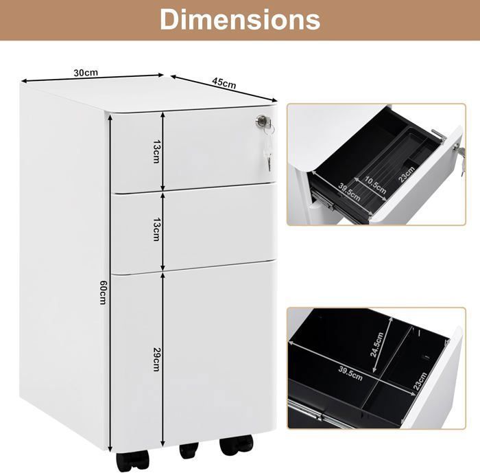 Caisson De Bureau WOLTU à 3 Tiroirs Avec Serrure Et Roulettes - Métal Blanc SK023ws