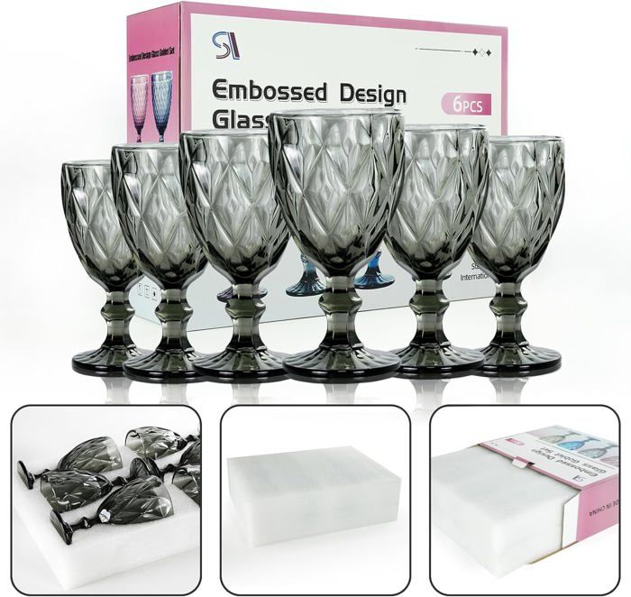 Lot De 6 Verres à Vin Vintage Bleus Gaufrés 350 Ml - Idéal Cadeau Mariage