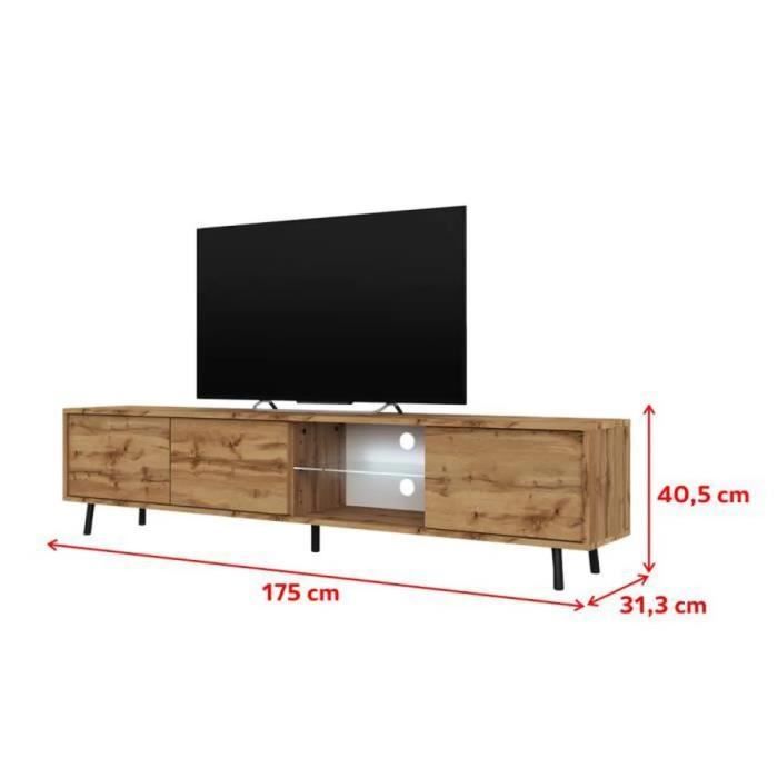 Selsey Meuble TV Galhad 175cm - En Chêne Wotan - Avec Éclairage LED - 3 Compartiments Fermés - Pour TV Jusqu'à 70"