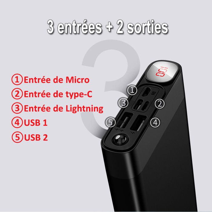 50000mAh Batterie externe Ecran LCD Batterie portable 4USB pour tous les  téléphones mobiles (Noir + rouge) - Cdiscount Téléphonie