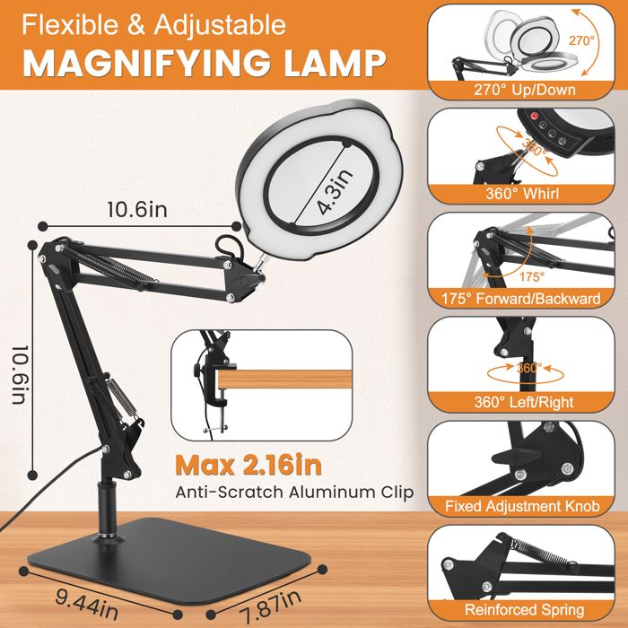Loupe de bureau 5X 10X avec lumière et support, 3 modes de documents, lampe de table LED à intensité variable en continu avec pince pour la réparation de lecture Loupe de bureau 5X 10X avec lumière et support, 3 modes de documents, lampe de table LED à intensité variable en continu avec pince pour la réparation de lecture