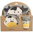 5 PCS Vaisselle Enfant en Fibre de Bambou Bol de Dessin d'Animal Set de Table pour Bebe Enfant Vache-0