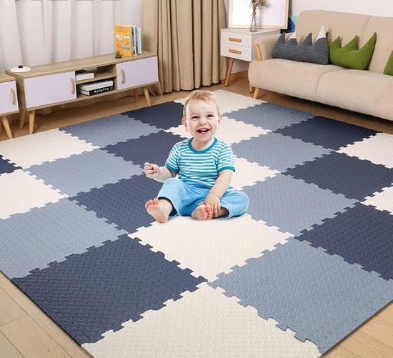 Lot de 16 dalles de jeu en mousse avec bordure, tapis de jeu emboîtables, tapis de sol en mousse, tapis de jeu puzzle, tapis de gymnastique d'exercice – Couleur du noir, blanc et gris