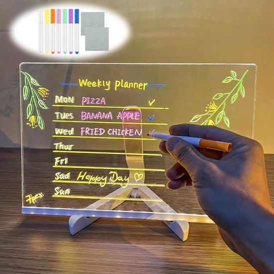 Tableau D'écriture LED Acrylique 30x20 Cm - Stylos 7 Couleurs, Support, Idéal Bureau, Magasin