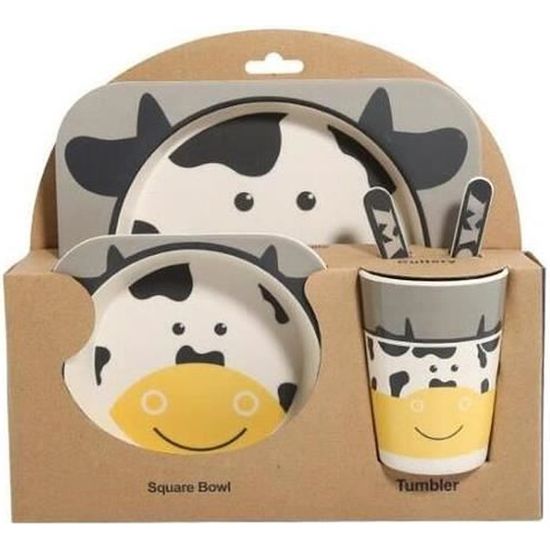 5 PCS Vaisselle Enfant en Fibre de Bambou Bol de Dessin d'Animal Set de Table pour Bebe Enfant Vache
