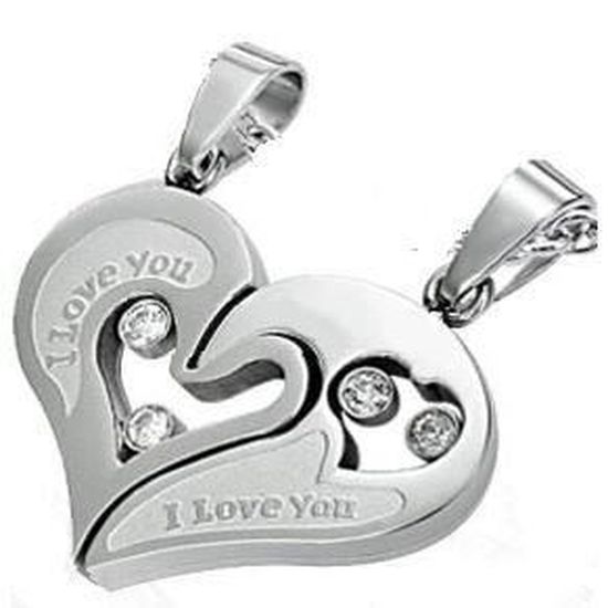 Pendentif Cœur Séparable "I LOVE YOU" - Argenté Et Noir - Pour Couple - Collier Mi-Long - Neuf Avec étiquettes