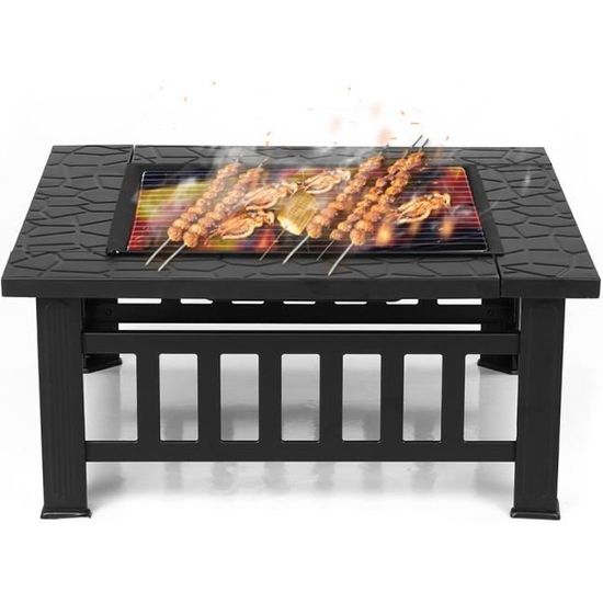 iKayaa Brasero pour Jardin Terrasses BBQ Brasero Ménager Barbecue 81 * 81 * 36cm  avec couvercle Firepan et barbecue + barbecue