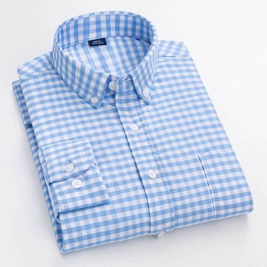 Chemise homme boutonnée manches longues bleu à carreaux St