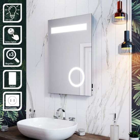 AICA Miroir LED de salle de bain rectangle vertical anti-buée avec horloge,  lumière blanc pur