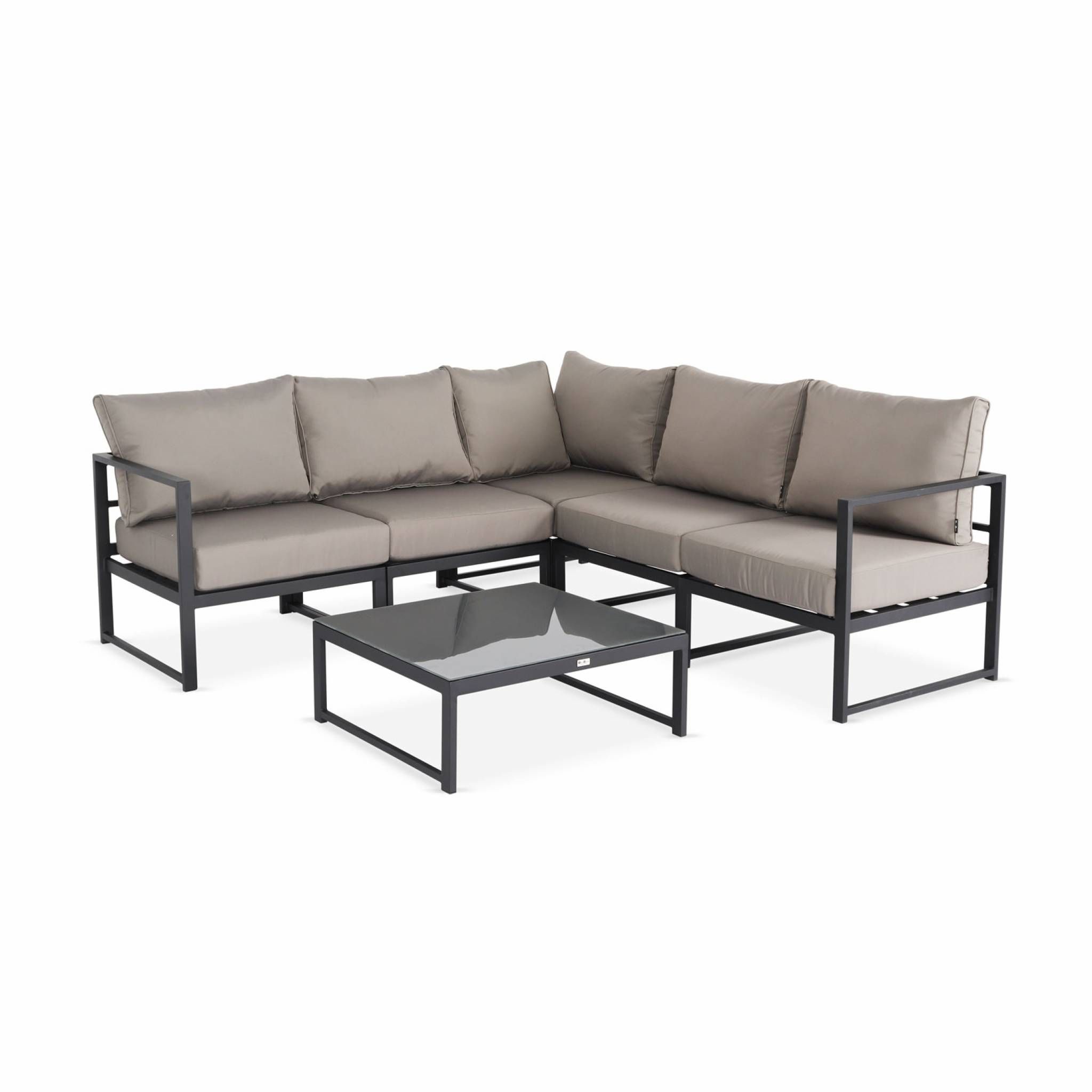 Salon de jardin 5 places Stratum en aluminium, structure anthracite et coussins taupe, design et modulable, coussins épais