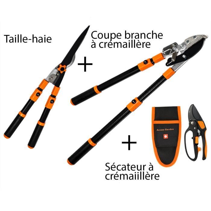 Caisse A Outils - Lot Outils - Taille-Haie + Coupe Branche À Crémaillére + Sécateur À Crémaillére Noir
