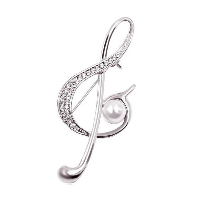 Broche argenté Clé de Sol Musique Strass Cristal Blanc et perle nacrée.