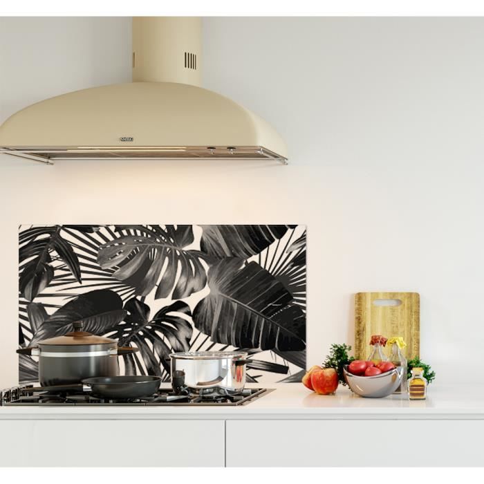 Crédence de cuisine adhésive en Panneau composite aluminium -Feuilles tropicales noir et blanc- L. 90 x H. 50 cm