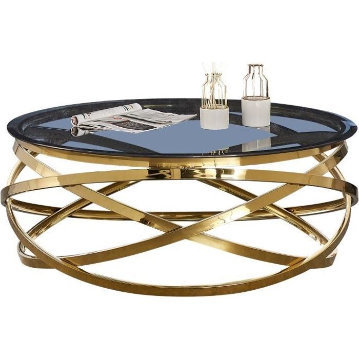 Table basse design rond avec piètement en acier inoxydable poli doré et plateau en verre trempé anthracite L. 100 x H. 43 cm