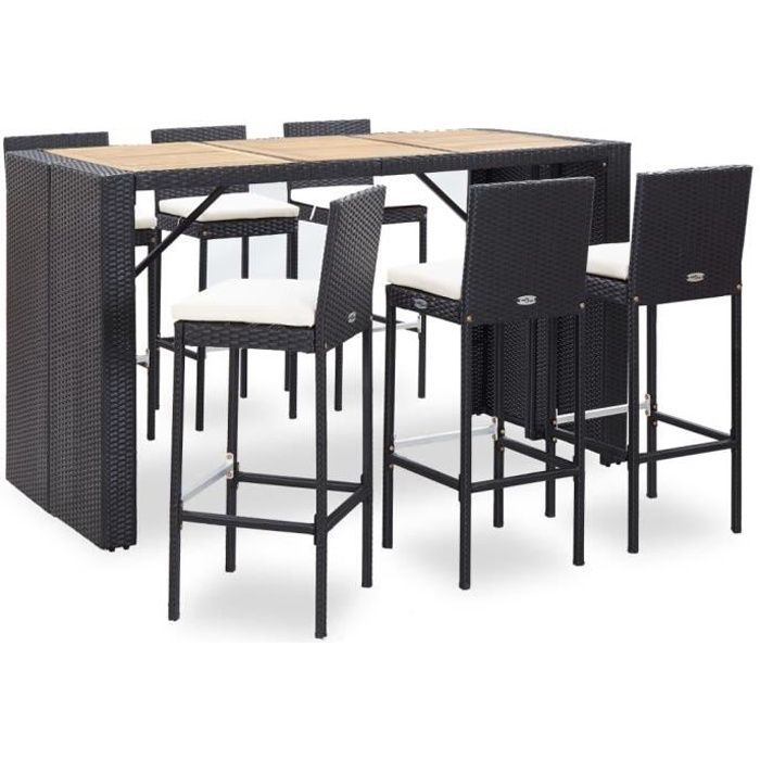 Ensemble table de bar bistrot jardin + 6 tabourets Table Mange-debout Table haute cuisine- et coussins Résine tressée Noir