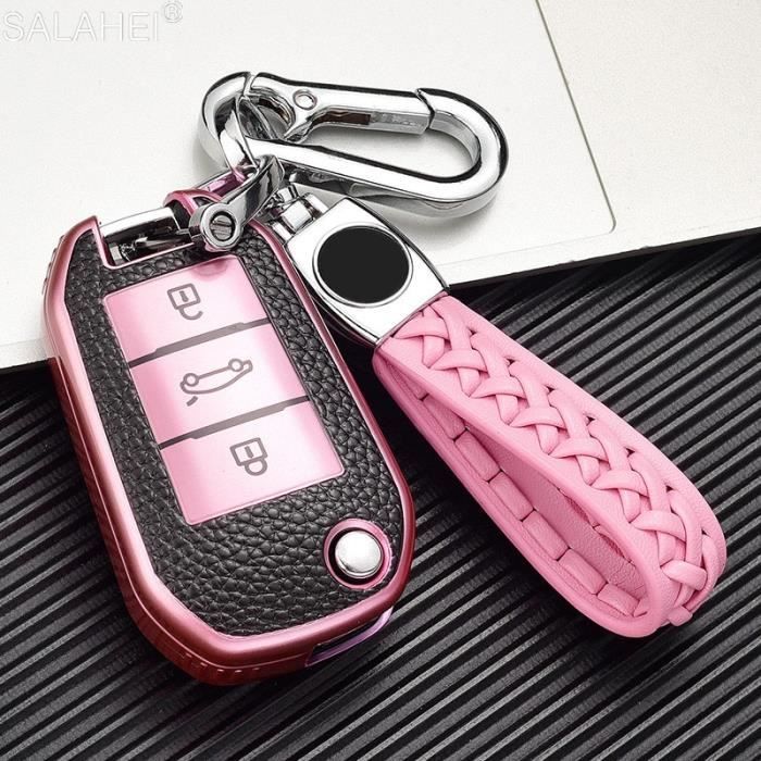 Porte clés de voiture pliable en cuir et TPU, coque de couverture complète, pour Peugeot 208 308 508 4 C-pink keychain