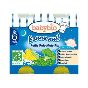 Babybio - Petit Pot Bébé Bonne Nuit Petits pois Mais Riz - Bio - 2x200g - Dès 6 mois