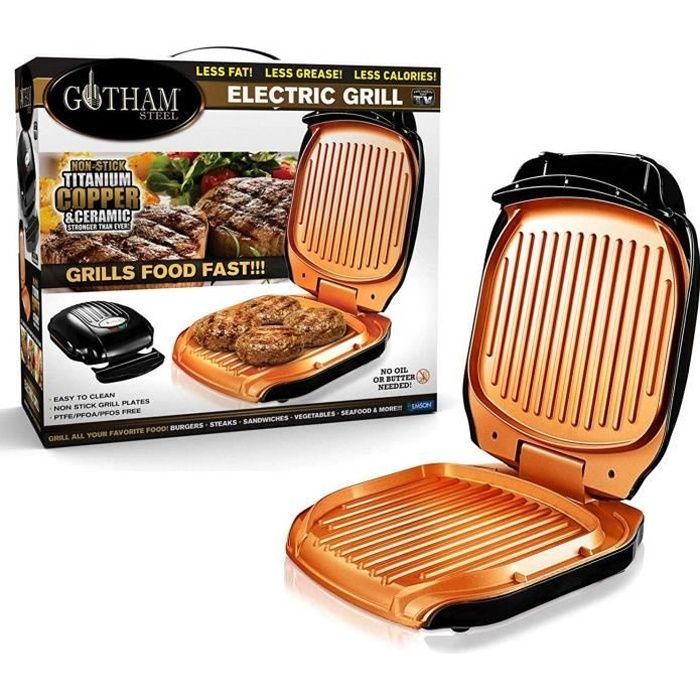 VENTEO – Gotham Grill Electrique Low Fat Grill avec revêtement antiadhésif Céramique Cuivre et Titane, Bac Récupérateur