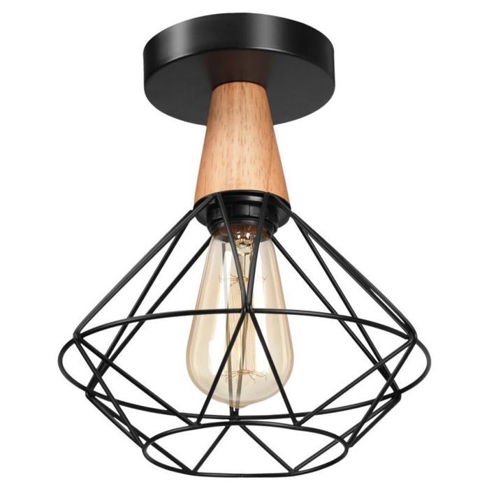 WOTTES 1PCS Plafonnier Industrielle en Bois et Métal Cage Carré - Ø22*16CM Lampe de Plafond Luminaire Noir pour Cuisine
