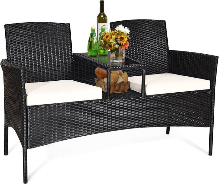 GOPLUS Banc De Jardin 140 Cm HDPE - Sans Dossier, Siège à Lattes, Résistant Intempéries, Charge 340 Kg - Noir/Gris - 4
