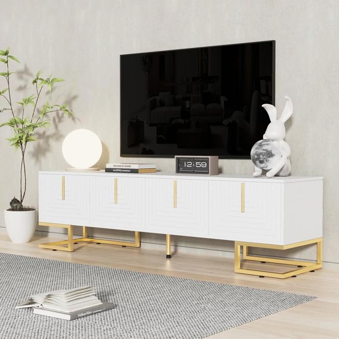Meuble TV 175cm - moderne - pieds dorés - 4 tiroirs + 2 portes - panneaux de particules - Blanc