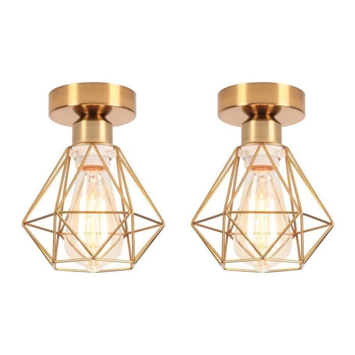 WOTTES Plafonnier Industriel Vintage Luminaire - E27 Rétro Lampe de Plafond Métal Cuivre Cage Pour Cuisine Couloir - 2pcs Ø13*14CM