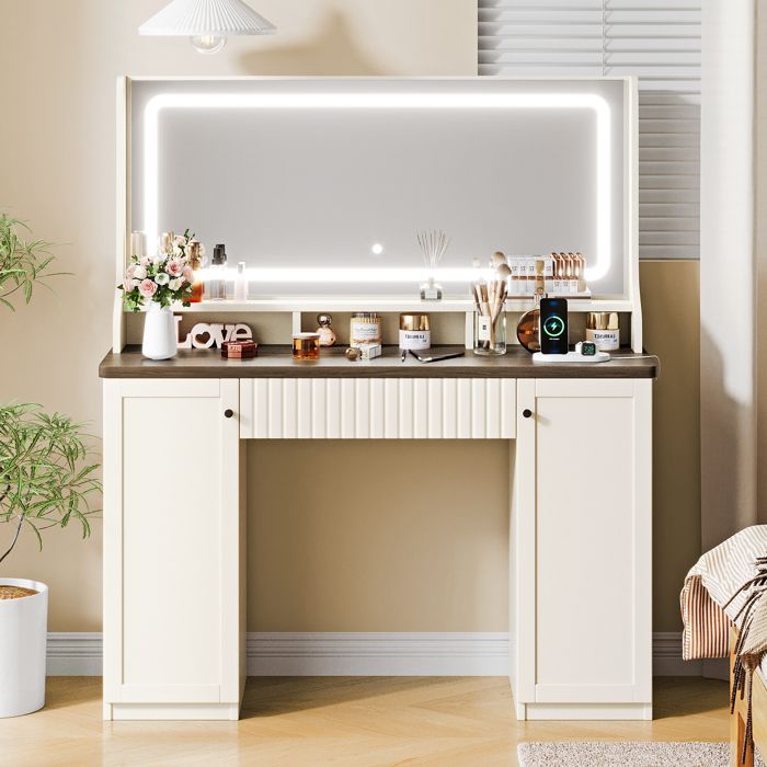 Coiffeuse Avec Miroir LED 40x108cm - 5 Tiroirs Blanc Et Or