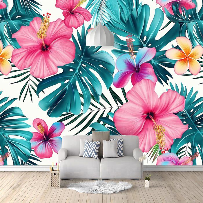 Papier Peint Panoramique Plante Fleurs Tropicales Feuilles De Palmier ...