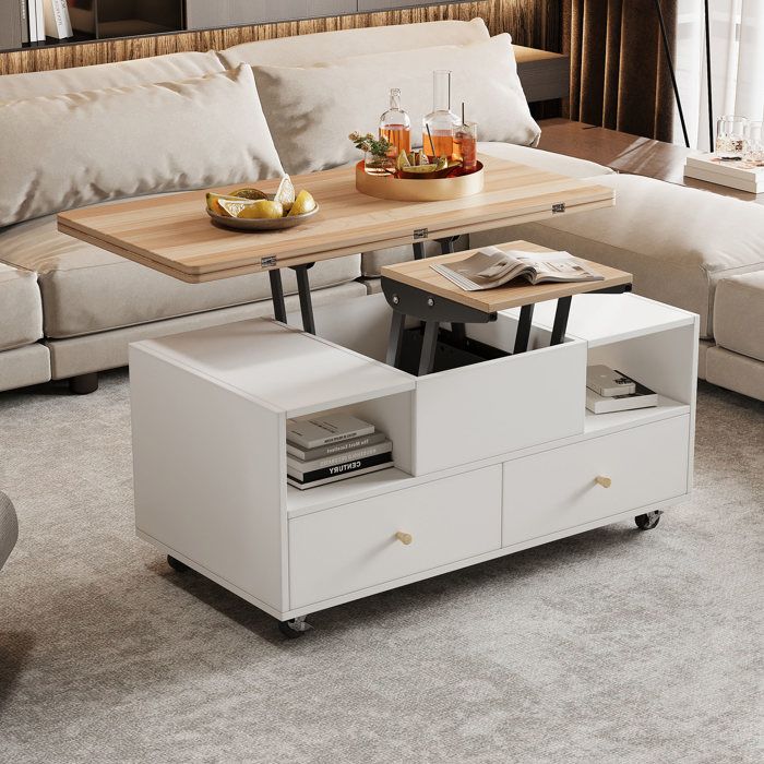 Table basse relevable 100 x 50 x 47.5 cm - avec fonction pliante - 4 tiroirs - avec roulettes pivotantes - blanc Table basse relevable 100 x 50 x 47.5 cm - avec fonction pliante - 4 tiroirs - avec roulettes pivotantes - blanc