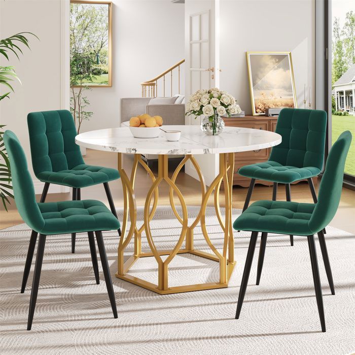 Ensemble Table à Manger Ronde 100cm avec 4 Chaises -Chaises de Salle à Manger en Velours Vert Foncé - Plateau en MDF Blanc