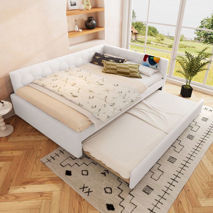 Canapé-lit 140*200cm lit gigogne multifonctionnel avec ports USB et Type-C lampe de chevet blanc (matelas non inclus)