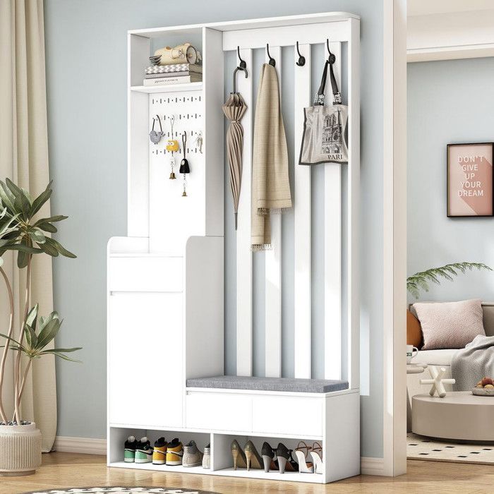 Meuble entree avec banc de rangement rembourré et tableau à fiches Vestiaire dentrée avec Meuble a chaussures Blanc 100x35x180cm