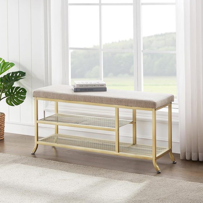 Meuble à Chaussures Banc Dentree Dore Porte-Chaussures à 3 Niveaux Rangement Avec Siège Rembourré Cadre Métallique 100x32x45CM