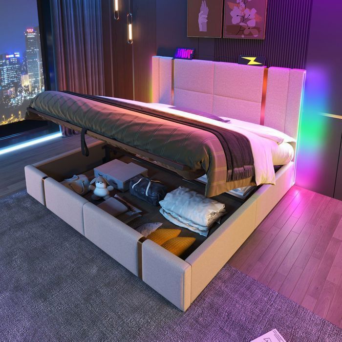 Lit Coffre 160x200 avec LED APP et USB/Type-C - Lit Rembourré - Lin Beige Rangement Hydraulique Sommier Inclus Style Élégant