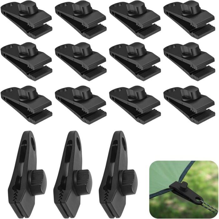 12 Pièces Pinces à Bâche Tente Multifonctions - Clips Résistants Anti-Vent Pour Tentes, Auvents, Camping, Bâches Imperméables, Noir