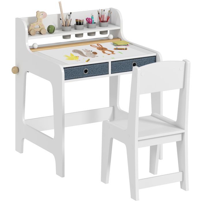 Bureau enfant avec chaise - AIYAPLAY - 2 tiroirs en tissu et porte-gobelet - MDF - 628x556x738cm - blanc