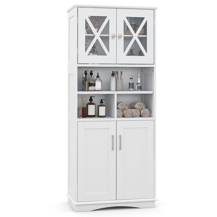 GIANTEX Armoire de Salle de Bain-2 Armoires à Portes-3 Compartiments Ouvertes-Étagères Réglables-Salon Cuisine-60x30x145cm-Blanc GIANTEX Armoire de Salle de Bain-2 Armoires à Portes-3 Compartiments Ouvertes-Étagères Réglables-Salon Cuisine-60x30x145cm-Blanc