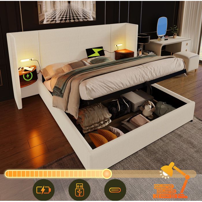 Lit coffre adulte 160×200 cm. avec table de chevet. lampe de lecture + USB. velours côtelé. sans matelas. beige