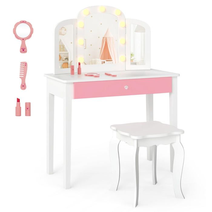 Coiffeuse enfant - HELLOSHOP26 - 2-en-1 - Miroir tri-pliable LED 3 couleurs - Bureau convertible - Tabouret