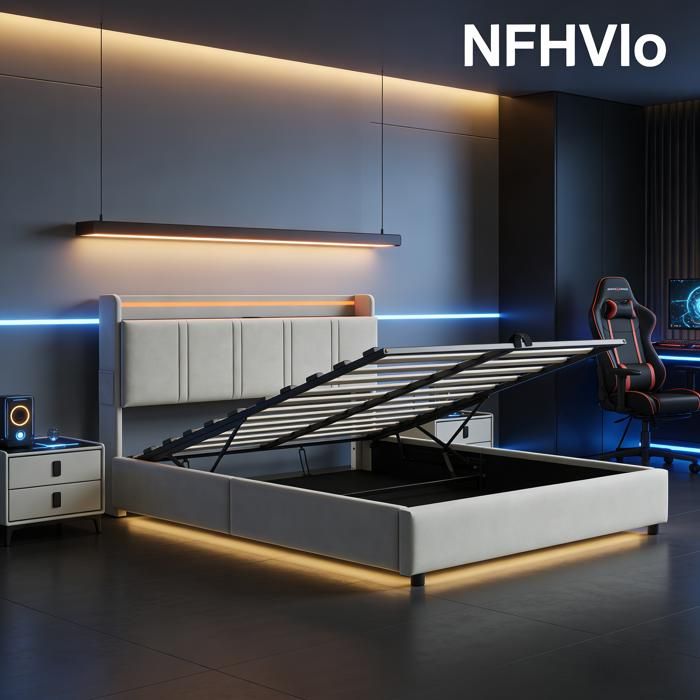 NFHVlo Lit double 160x200cm avec éclairage LED rangement prises électriques et étagères ouvertes en métal pour adulte