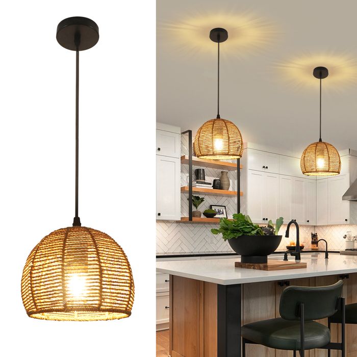 Dorlink Suspension industrielle vintage ronde - luminaire suspendu plafonnier industriel fer corde papier noir bois E27 60W salon