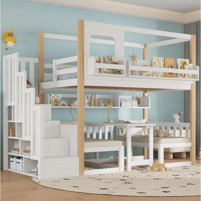 Lit superposé enfant blanc et naturel 90 × 200 avec table rabattable escalier de rangement sans matelas