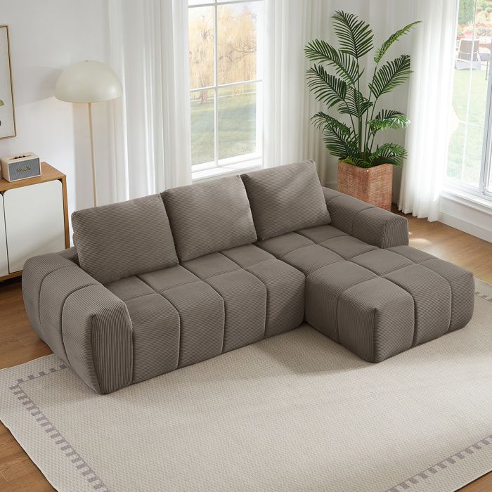 Canapé Compressé 4 Places en Velours Côtelé Rayé Taupe - avec Coussins Amovibles et Sièges en Mousse HR Sans Montage - 255x162x84cm