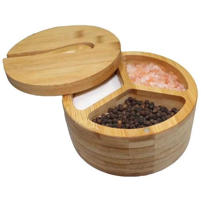 Boîte à sel et poivre en bambou salière et poivrière à trois compartiments récipient à épices et condiments pour plans de travai