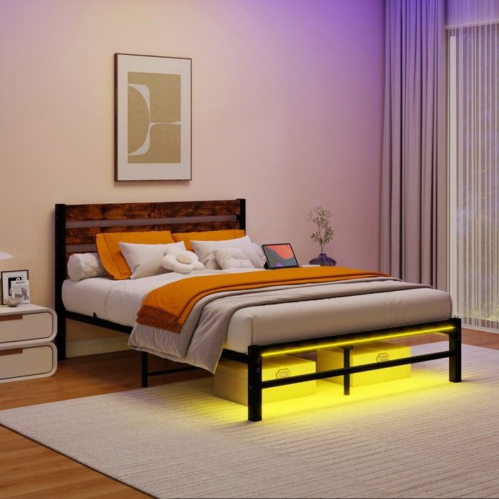 Lit Double Cadre Acier Brun Antique 140x200cm Tête De Lit USB LED Rangement Sous Lit Silencieux Sans Sommier Sans Matelas