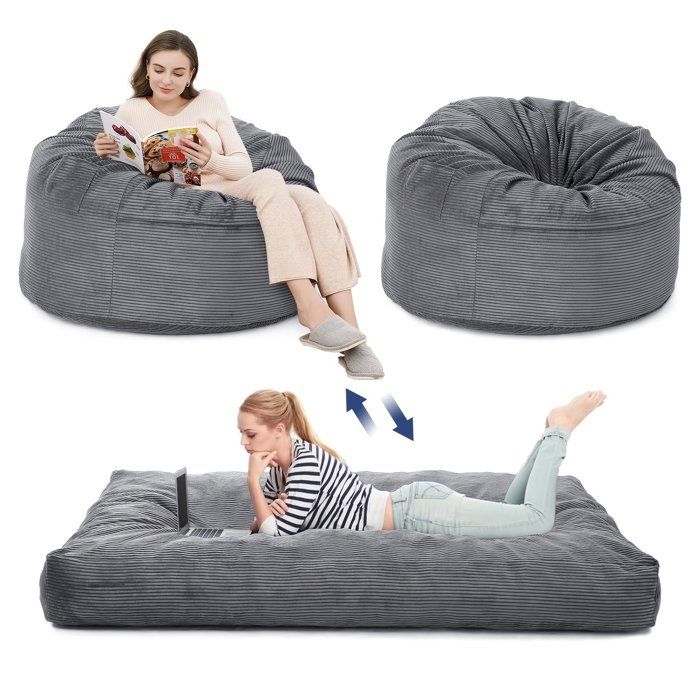 POUF-POIRE Pouf convertible 2 en 1 en velours côtelé canapé-lit lavable en machine matelas de sol épais 190x135x25 cm gris clair